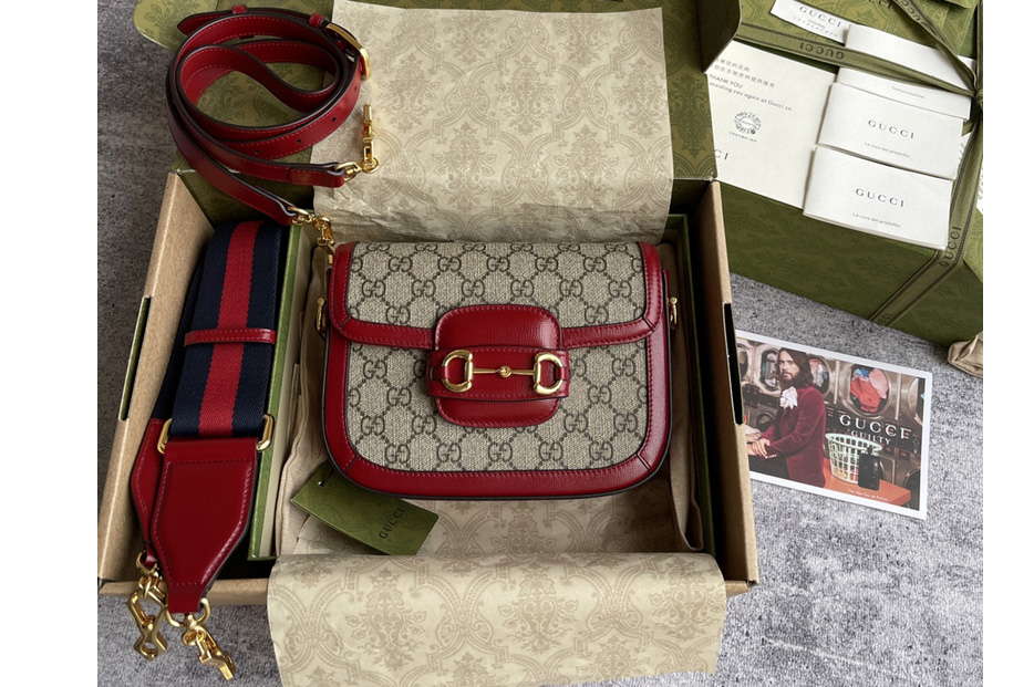 Gucci 658574 Gucci Horsebit 1955 mini bag in Beige and ebony GG Supreme canvas With Red Leather