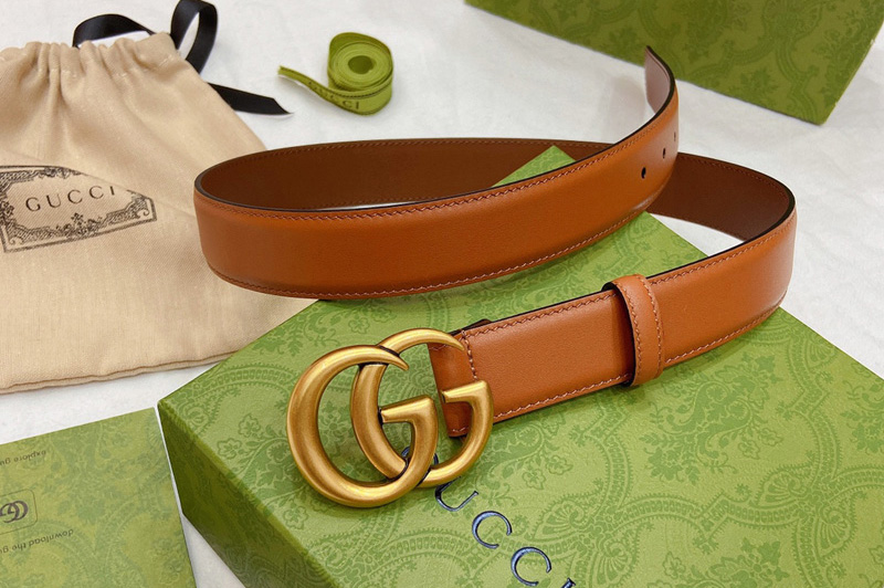 Women Gucci ‎655566 30mm Thin belt with Double G buckle in Brown Leather With Gold Buckle