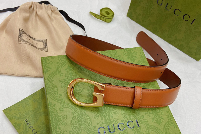 Women Gucci ‎655566 30mm Thin belt with G buckle in Brown Leather With Gold Buckle