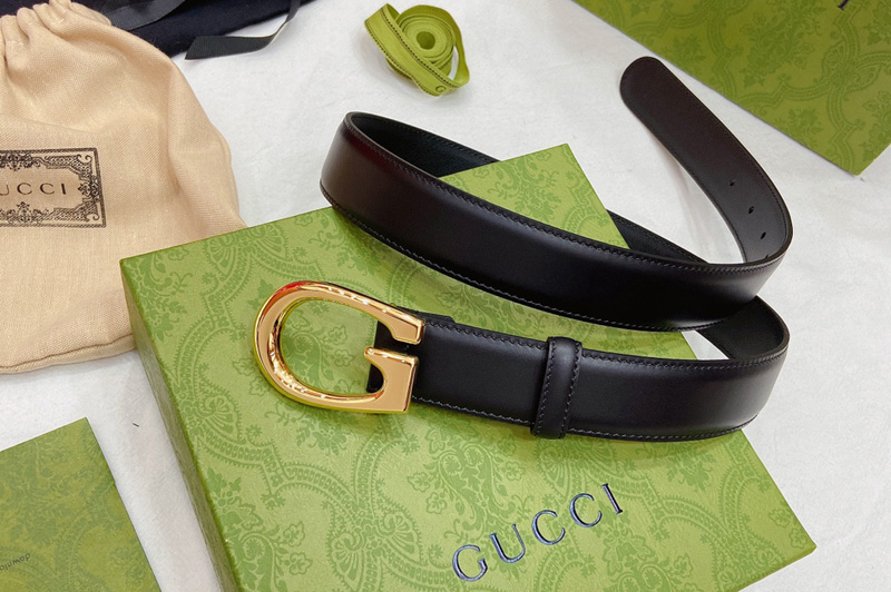 Women Gucci ‎655566 30mm Thin belt with G buckle in Black Leather With Gold Buckle