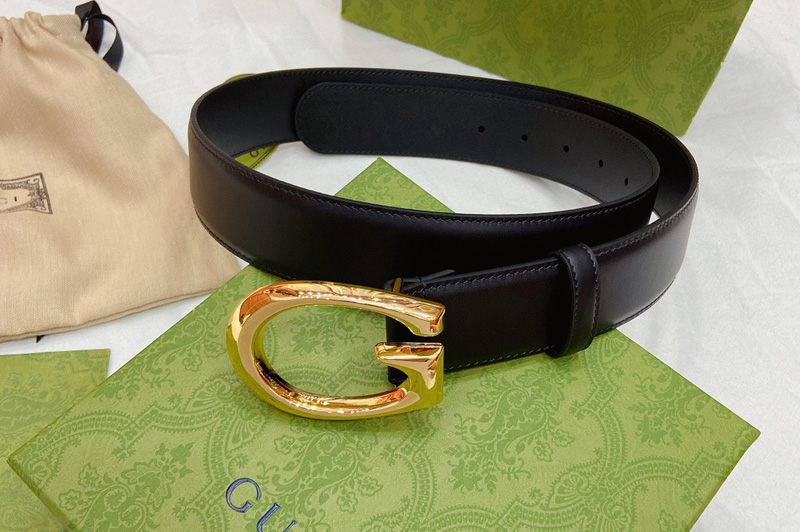 Men Gucci ‎‎655567 40mm Belt with G buckle in Black leather With Gold Buckle