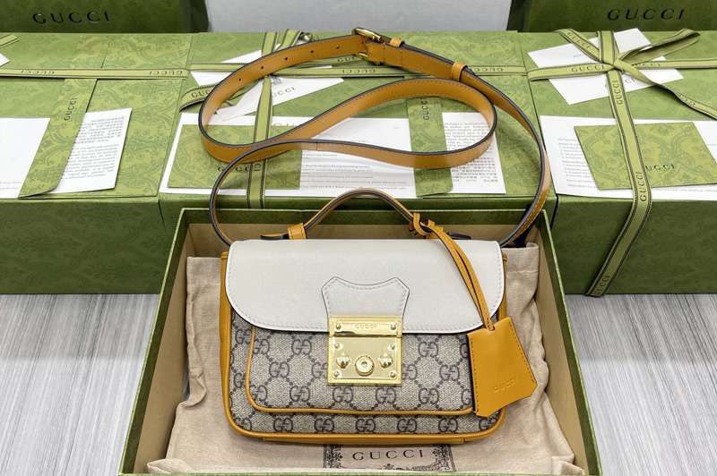 Gucci 658487 Padlock mini bag in GG Supreme canvas with white leather