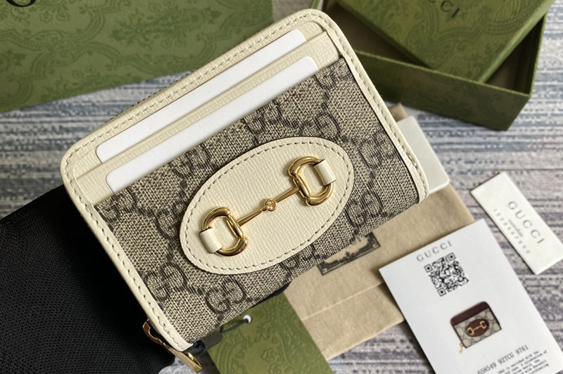 Gucci ‎‎658549 Gucci Horsebit 1955 card case Beige and ebony GG Supreme canvas With White Leather