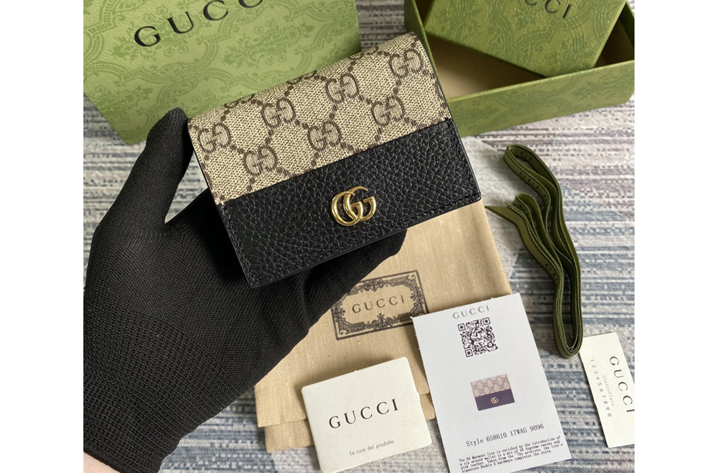 Gucci 658610 GG Marmont card case wallet in Beige and ebony GG Supreme canvas With Black Leather