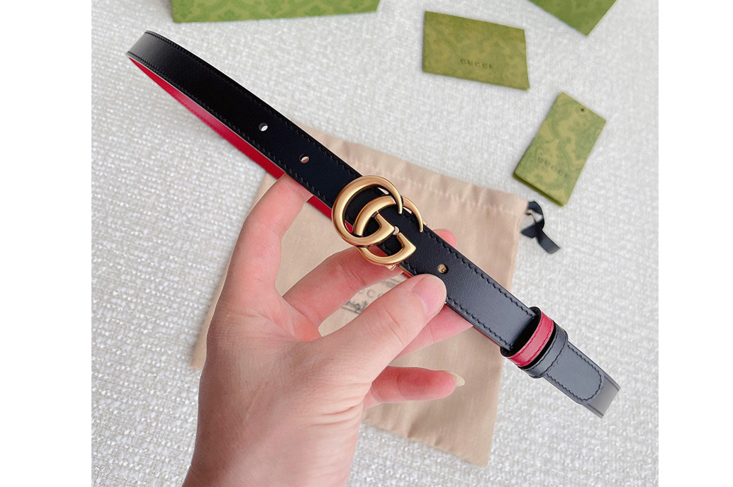 Gucci 659418 GG Marmont 20mm reversible belt in Black/Red Leather Gold Buckle