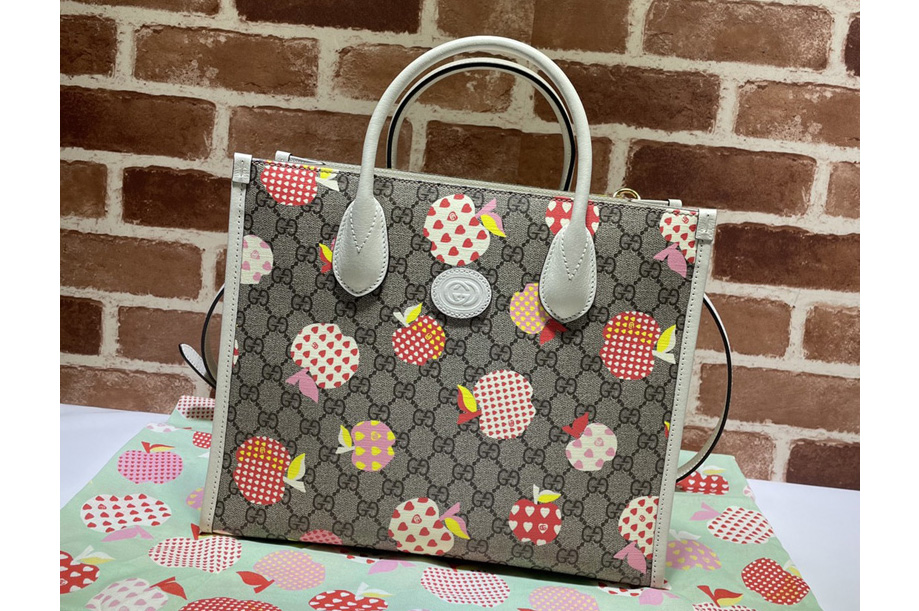 Gucci 659983 Gucci Les Pommes small tote Bag in Beige and ebony GG Supreme canvas with apple print