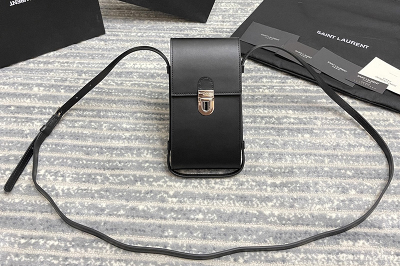 Saint Laurent 667718 YSL TUC PHONE POUCH WITH STRAP IN Black SUPPLE CALFSKIN