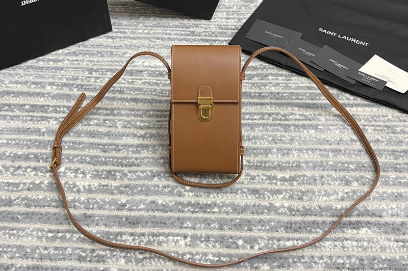 Saint Laurent 667718 YSL TUC PHONE POUCH WITH STRAP IN Tan SUPPLE CALFSKIN