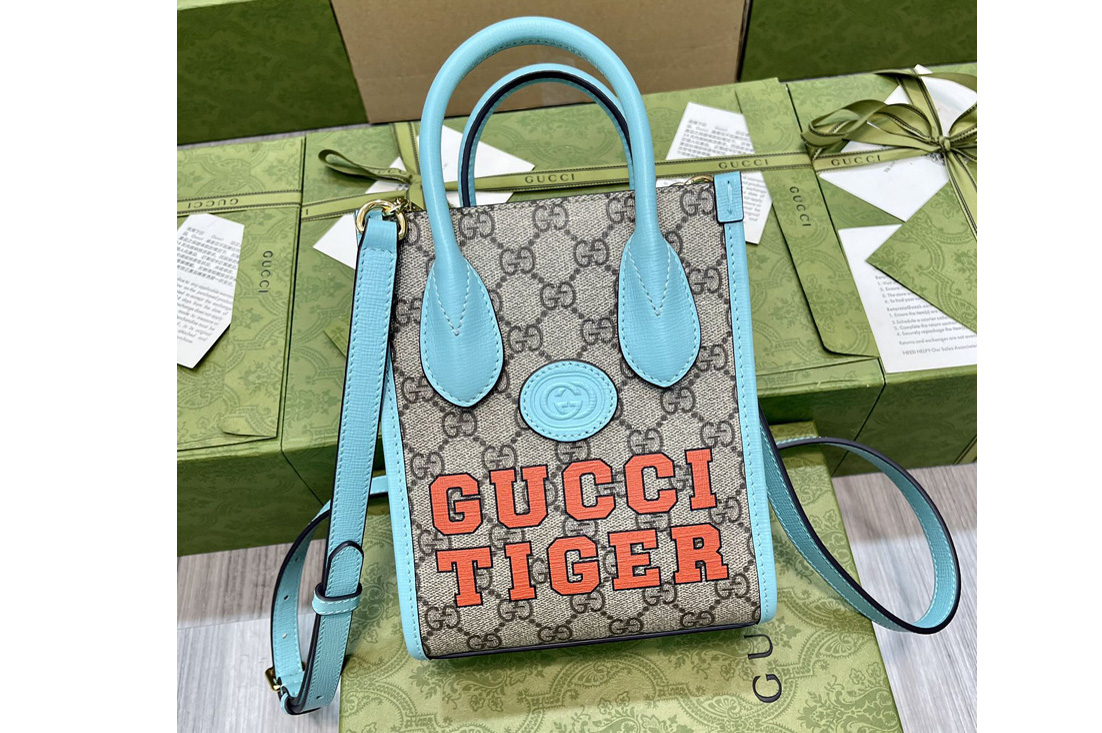 Gucci 671623 Tiger GG mini tote bag in Beige and ebony GG Supreme canvas