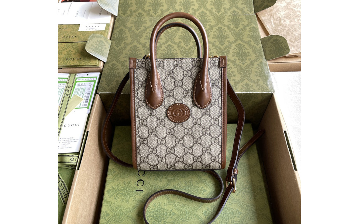 Gucci 671623 Mini tote bag with Interlocking G in Beige and ebony GG Supreme canvas