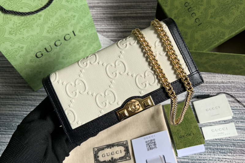 Gucci 676155 GG wallet with chain in White GG leather with Black trim