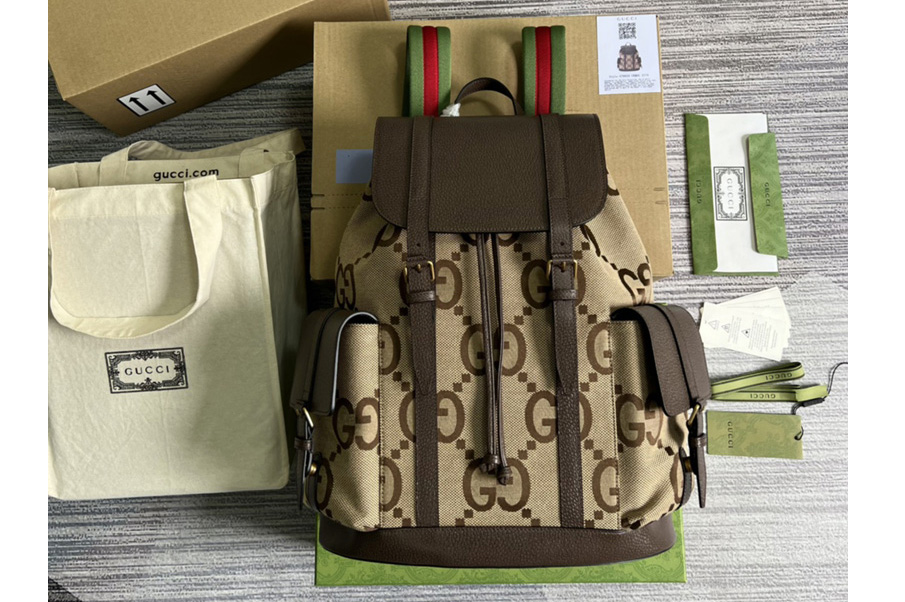Gucci 678829 Backpack with jumbo GG in Camel and ebony jumbo GG canvas