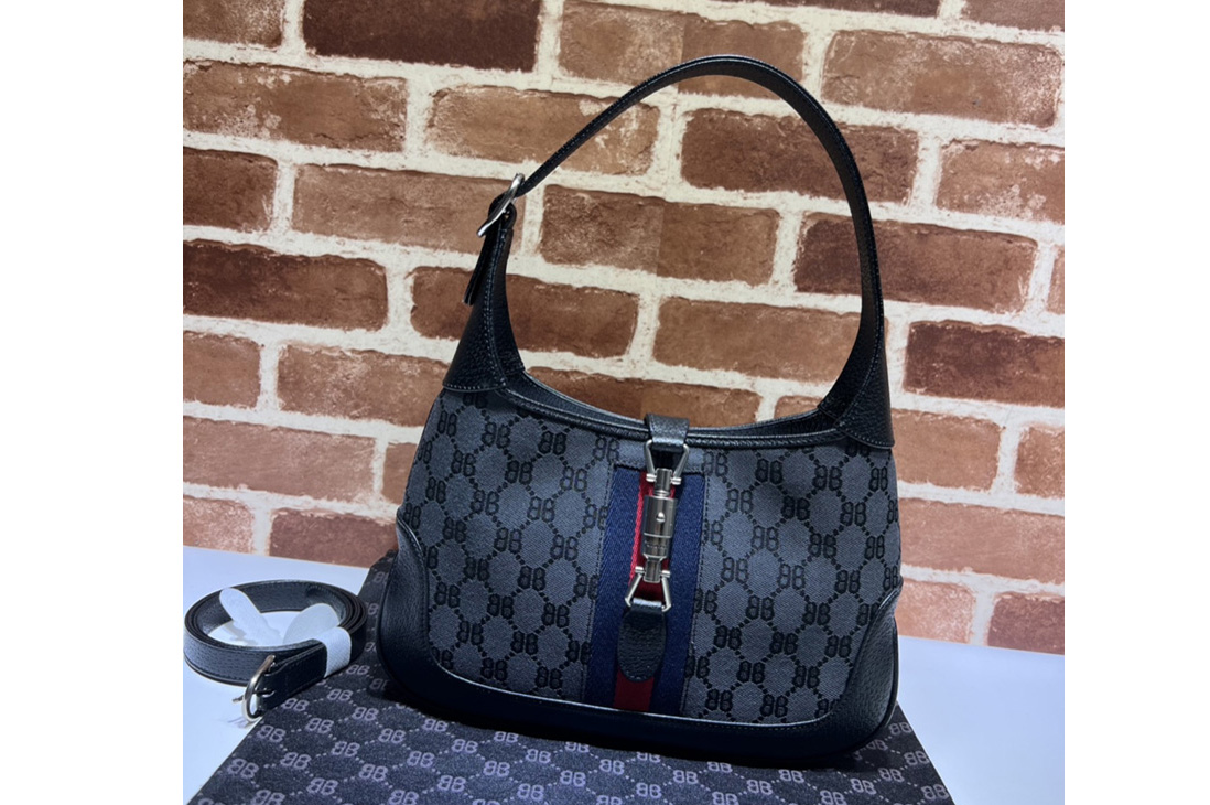 Gucci x Balenciaga 680118 Women's Hacker Small Hobo Bag in black and dark grey canvas jacquard