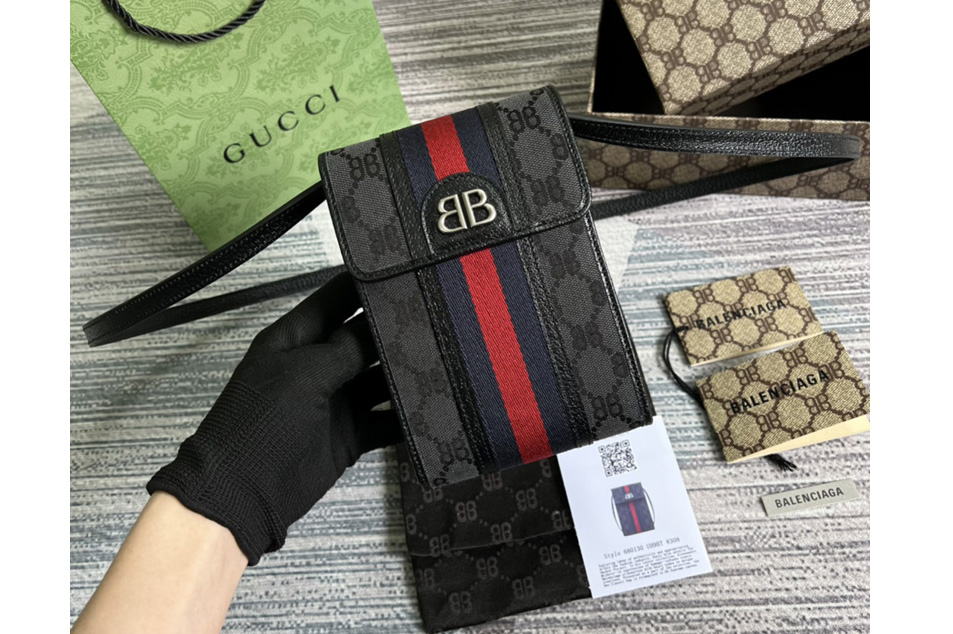 Gucci x Balenciaga 680130 Men's Hacker Phone Bag in black and dark grey canvas jacquard
