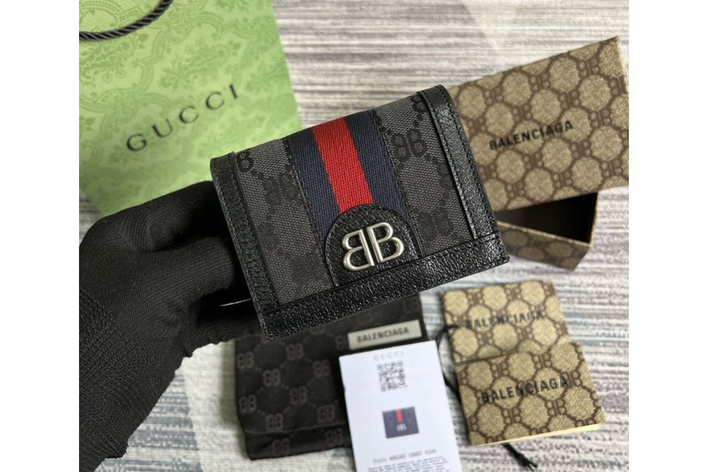 Gucci x Balenciaga 680385 Women's Hacker Card Case Wallet in black and dark grey canvas jacquard