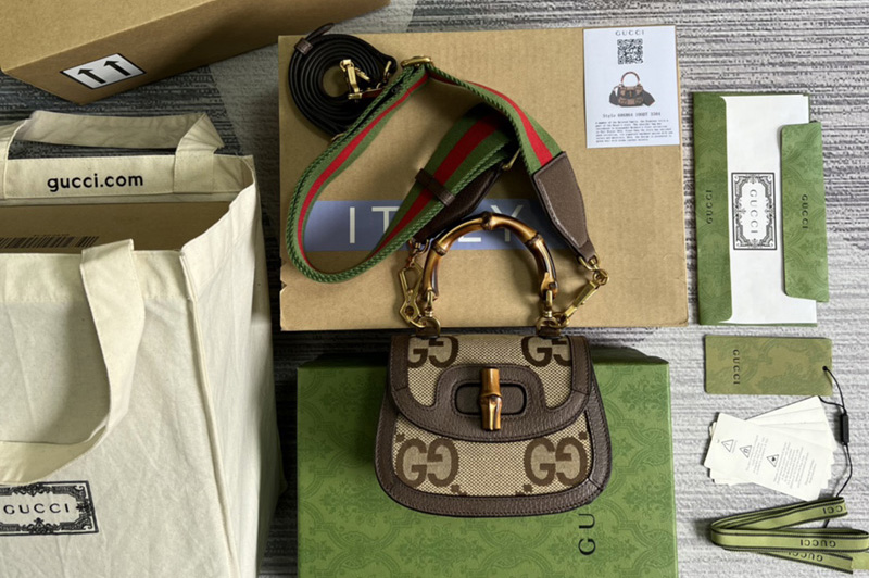 Gucci 686864 Mini jumbo GG bag with Bamboo in Camel and ebony jumbo GG canvas