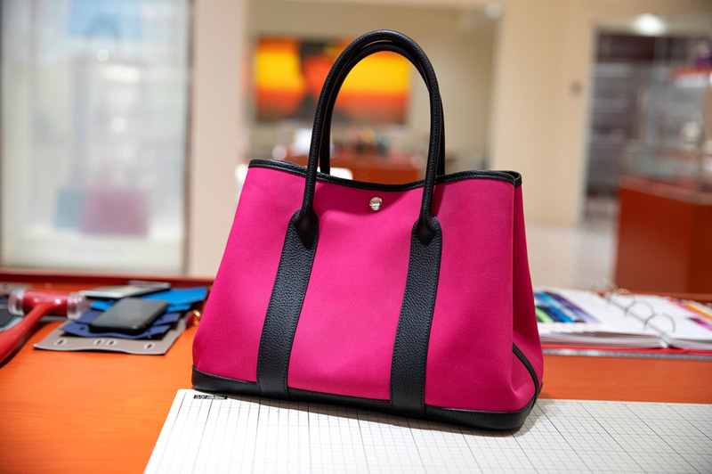 Hermes Garden Party 30 bag in Pink/Black Canvas and Leather