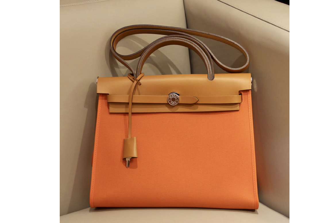 Hermes herbag zip 31 bag in Brown/Orange Officier canvas and Leather