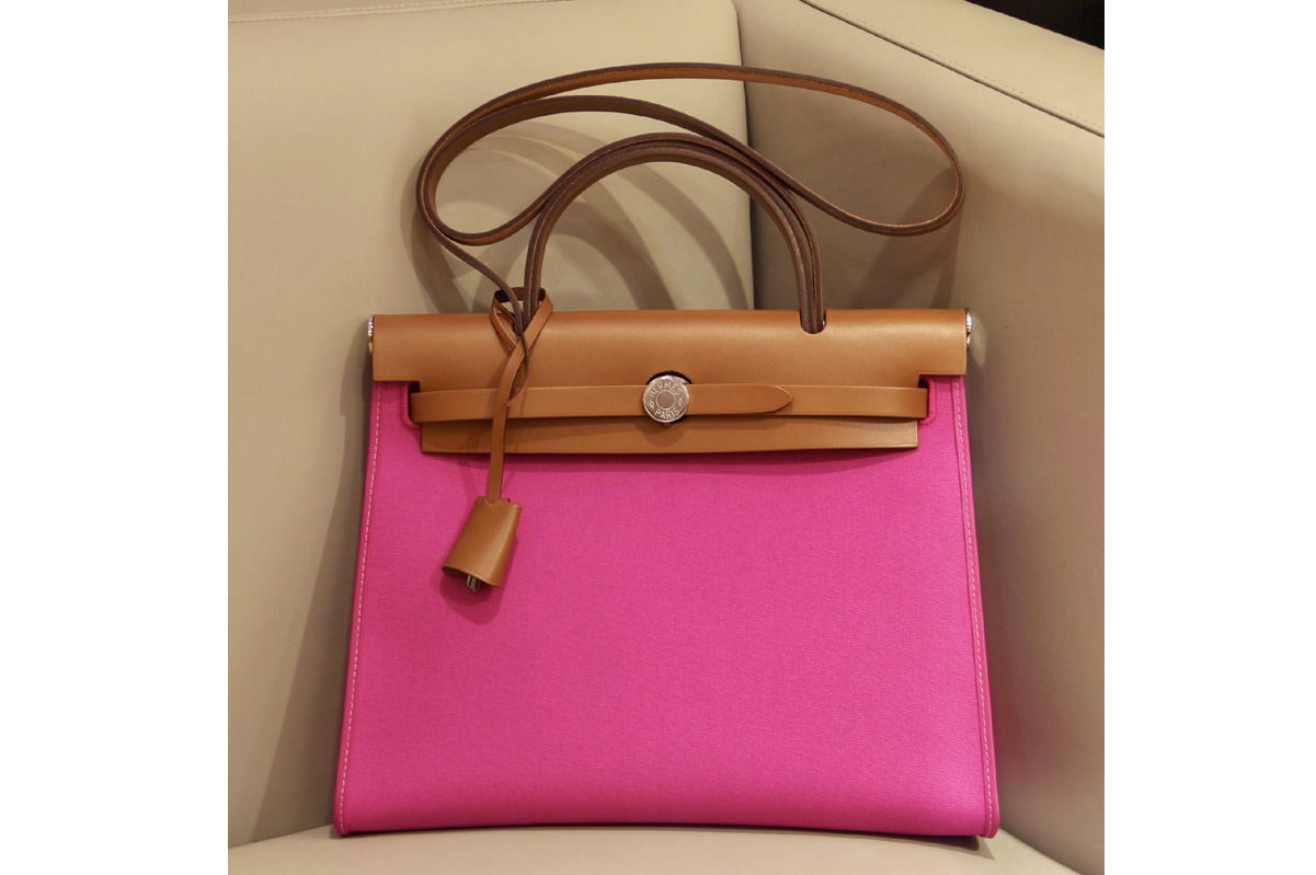 Hermes herbag zip 31 bag in Brown/Pink Officier canvas and Leather