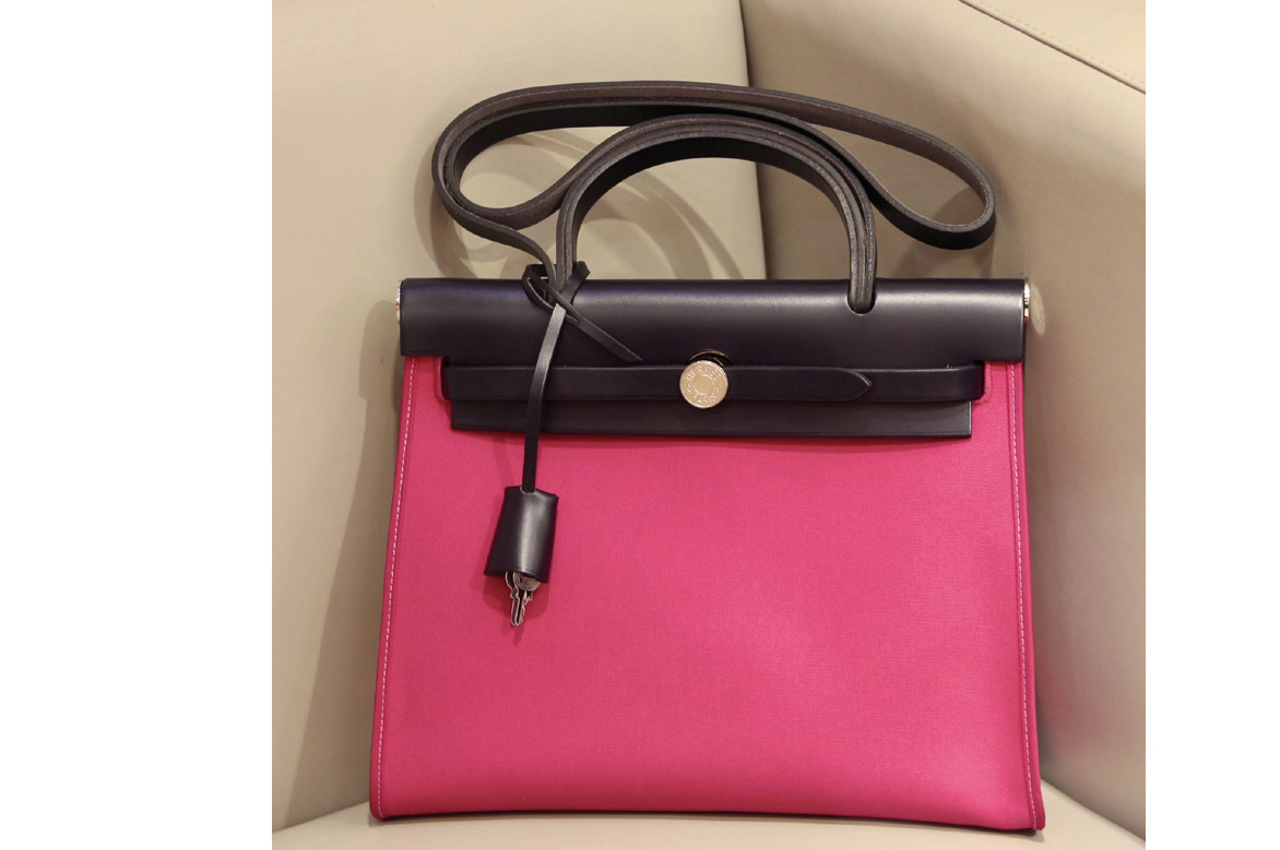 Hermes herbag zip 31 bag in Black/Pink Officier canvas and Leather