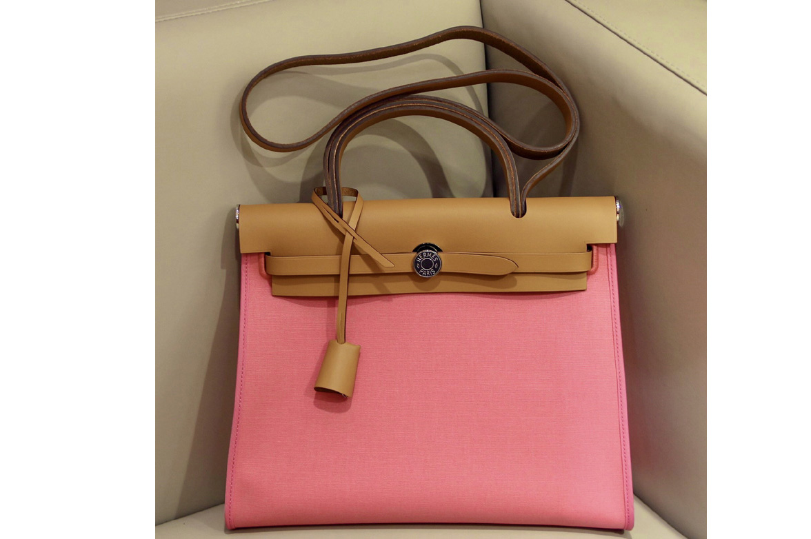Hermes herbag zip 31 bag in Brown/Light Pink Officier canvas and Leather