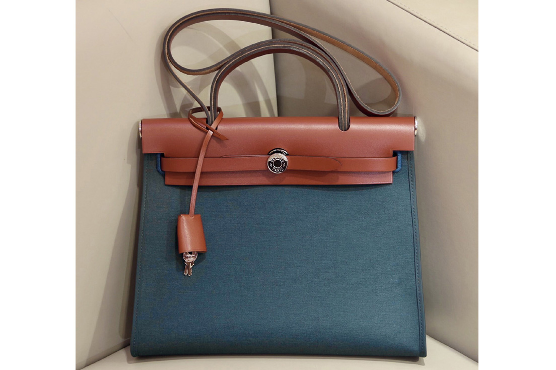Hermes herbag zip 31 bag in Brown/Blue Officier canvas and Leather
