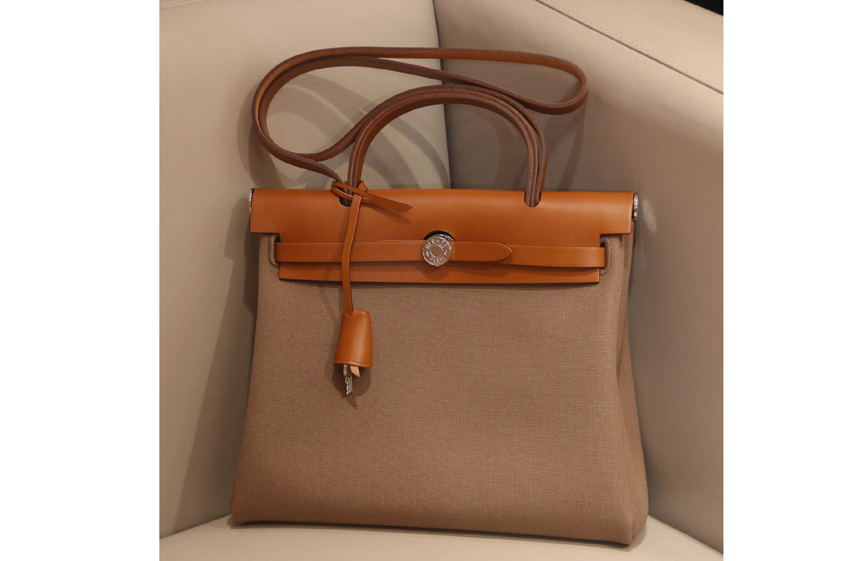 Hermes herbag zip 31 bag in Brown/Grey Officier canvas and Leather