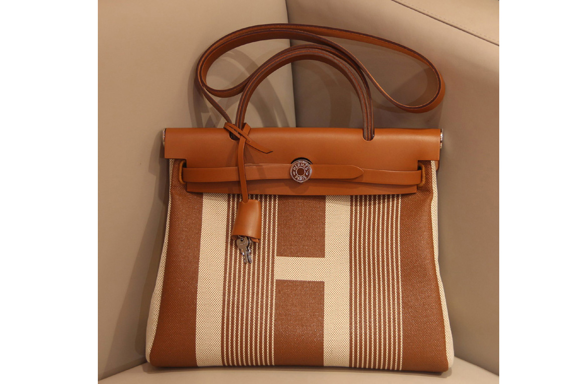 Hermes herbag zip 31 bag in Brown/H Officier canvas and Leather