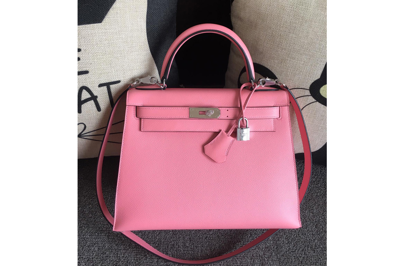 Hermes Kelly 28 Bag in Pink Epsom Leather With Silver Buckle