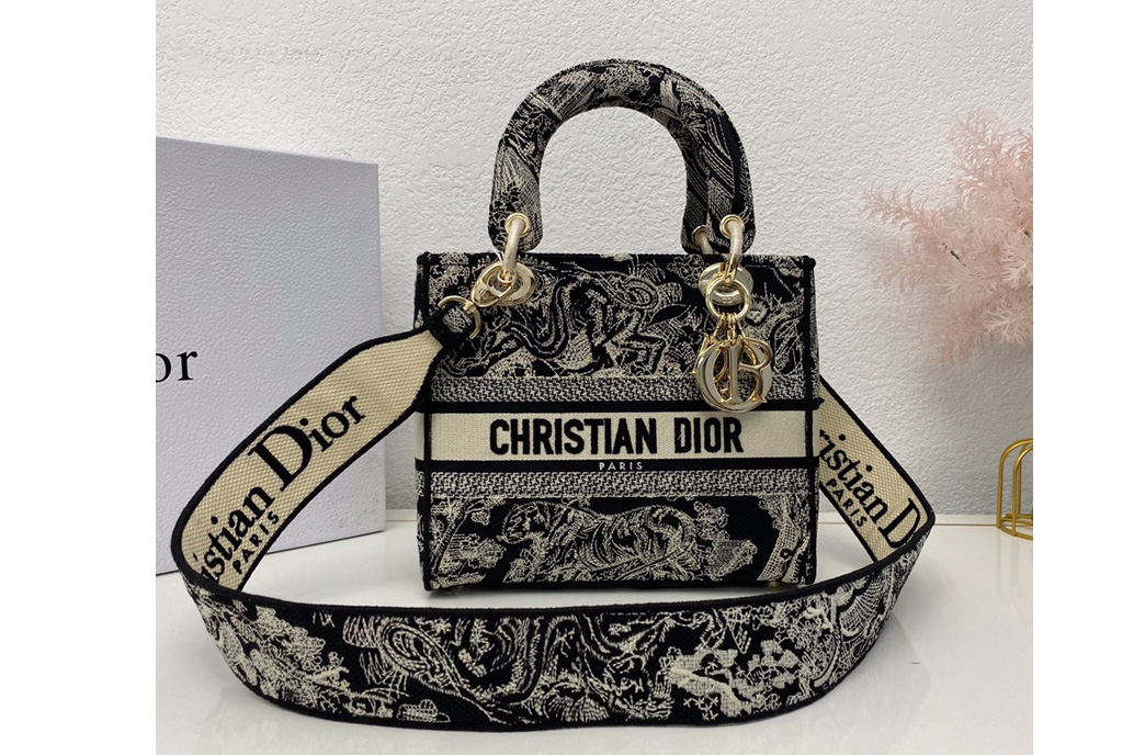 Christian Dior M0565 Dior Medium Lady d-lite bag in Black Dior Tiger Embroidery