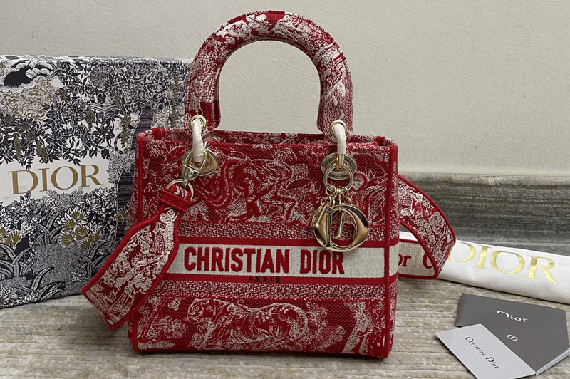 Christian Dior M0565 Dior Medium Lady d-lite bag in Red Toile de Jouy Embroidery