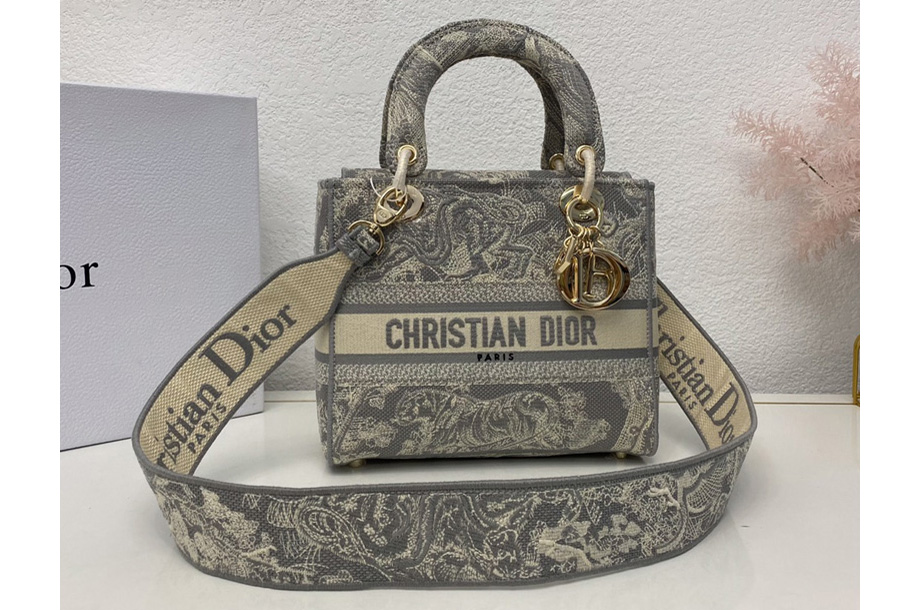 Christian Dior M0565 Dior Medium Lady d-lite bag in Gray Toile de Jouy Embroidery