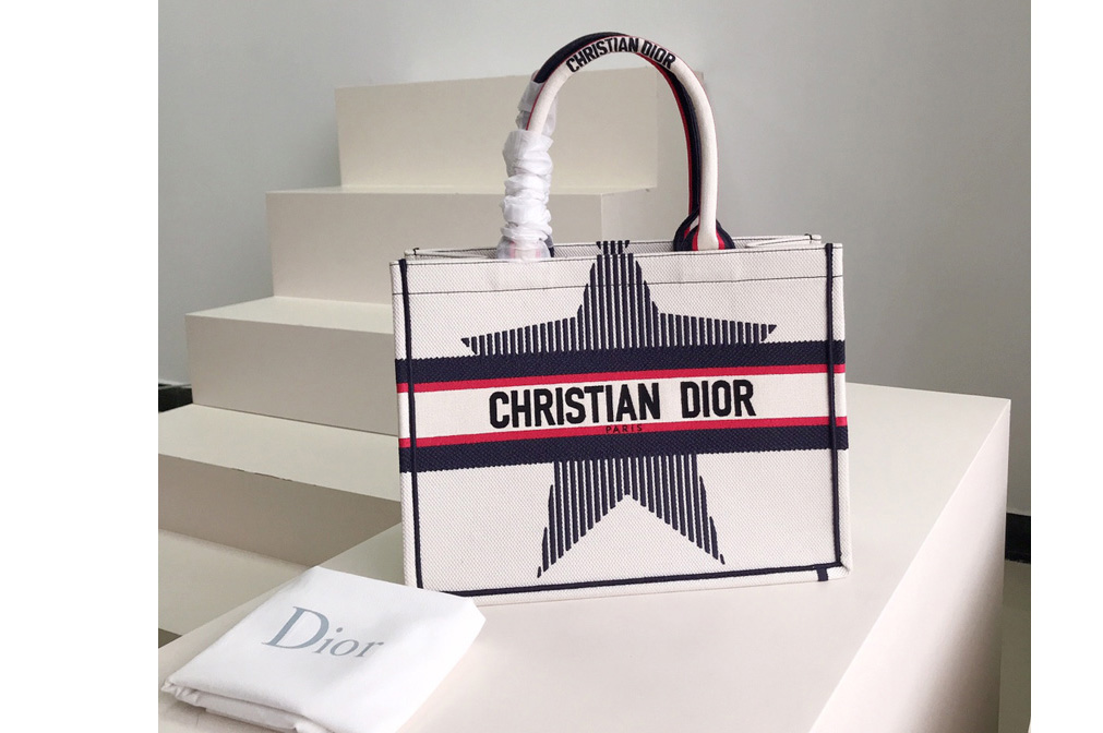 Christian Dior M1296 Dior book tote Bag in White Three-Tone Embroidery