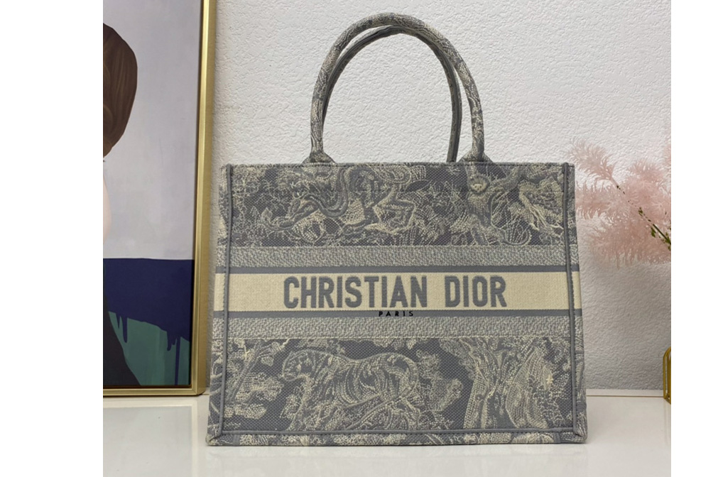 Christian Dior M1296 Dior book tote Bag in Gray Toile de Jouy Reverse Embroidery