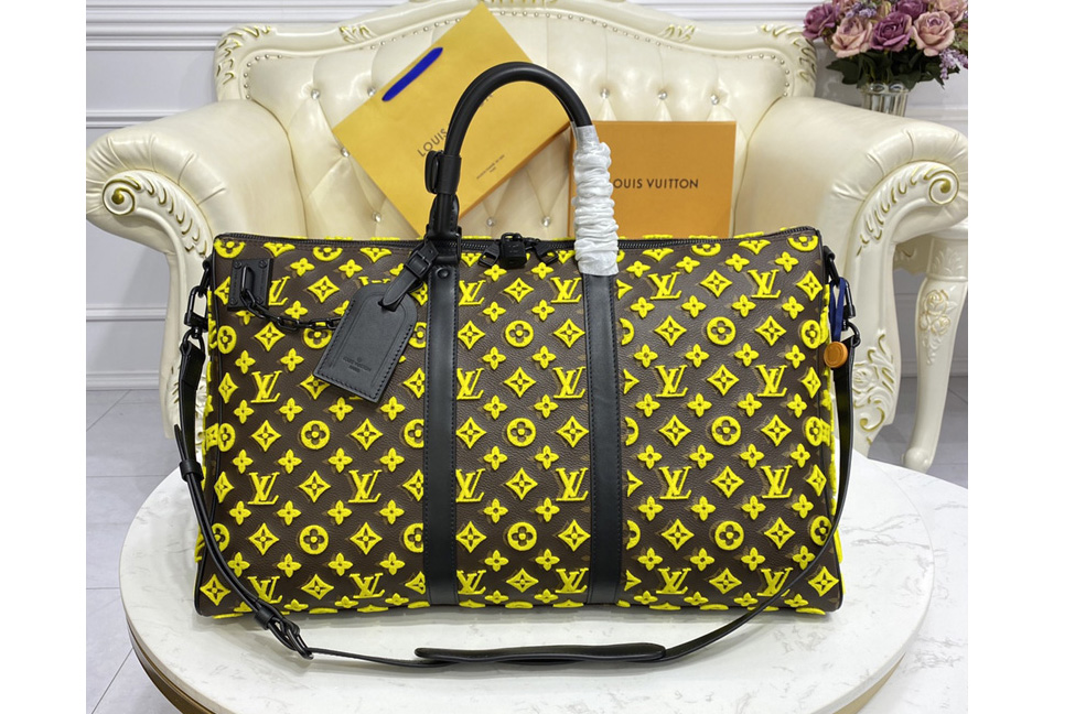 Louis Vuitton M45069 LV Keepall triangle Bandoulière 50 Travel Bag in Yellow Monogram Tuffetage Jaune