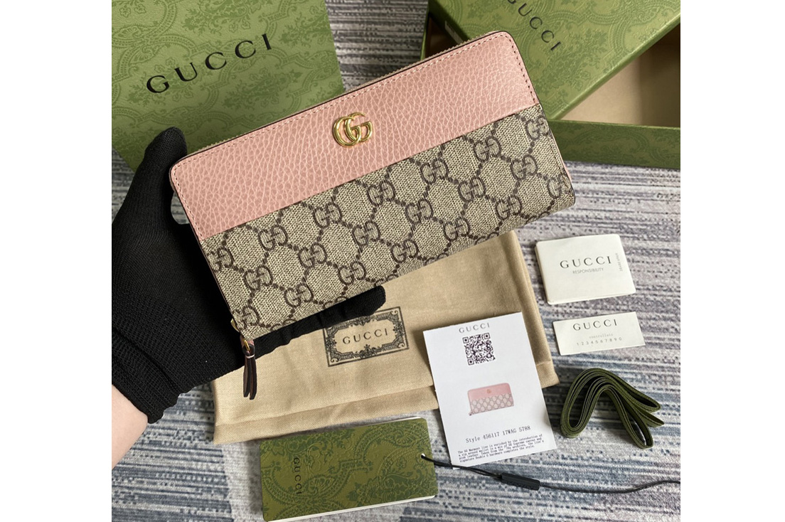 Gucci 456117 GG Marmont zip around wallet in Beige and ebony GG Supreme canvas With Pink Leather