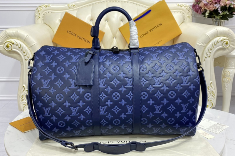 Louis Vuitton M45731 LV Keepall Bandoulière 50 weekend bag in Navy Blue Monogram Shadow cowhide leather