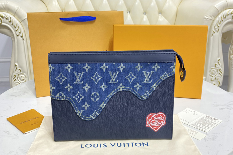 Louis Vuitton M45961 LV Pochette Voyage MM in Blue Monogram denim and Navy Blue Taurillon leather