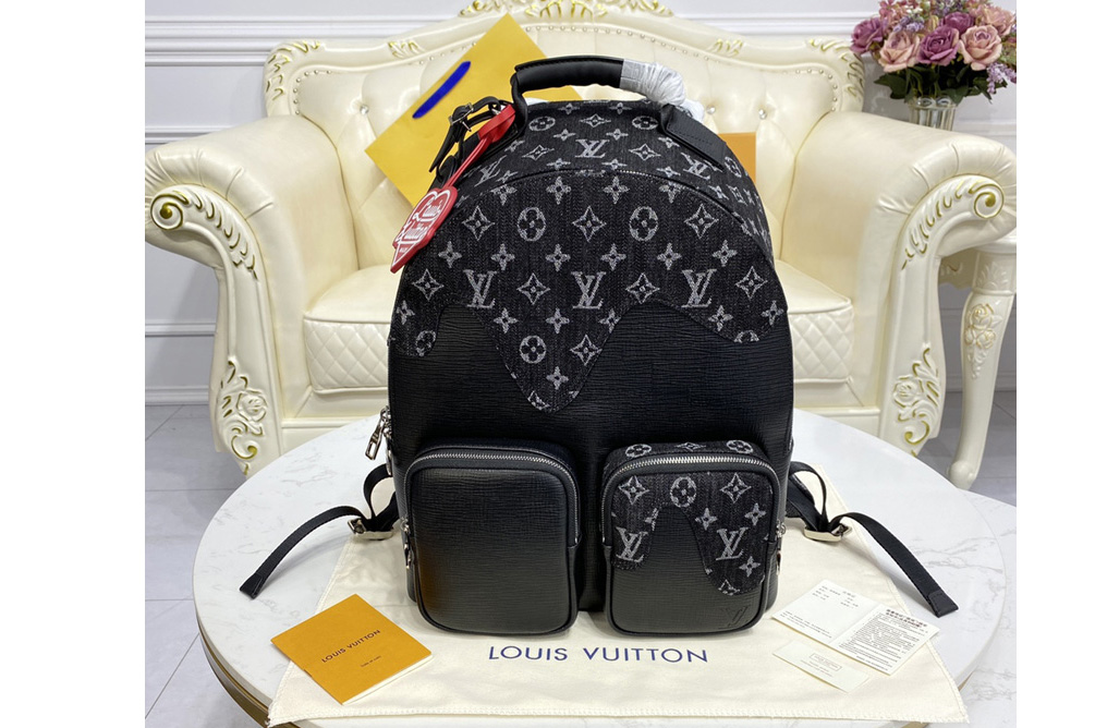 Louis Vuitton M45973 LV backpack multipocket in Black Monogram denim and Taurillon leather