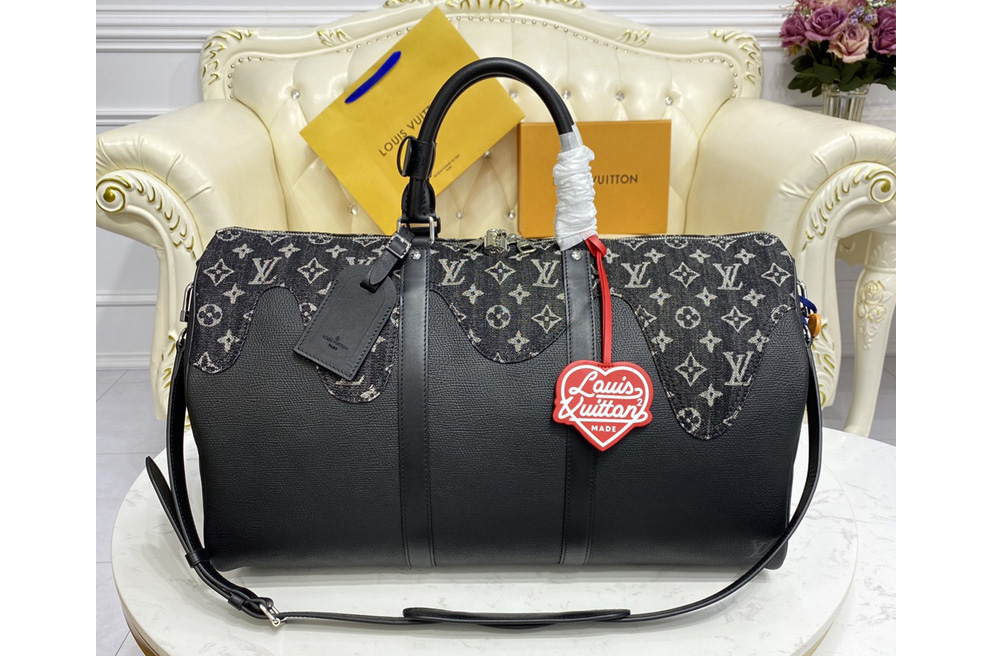 Louis Vuitton M45975 LV Keepall Bandouliere 50 Travel Bag in Black Monogram denim and Taurillon leather