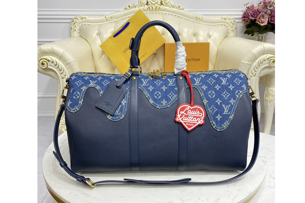Louis Vuitton M45975 LV Keepall Bandouliere 50 Travel Bag in Blue Monogram denim and Navy Blue Taurillon leather