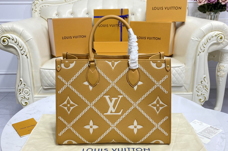 Louis Vuitton M46015 LV Onthego MM tote Bag in Beige/Brown Monogram Empreinte leather