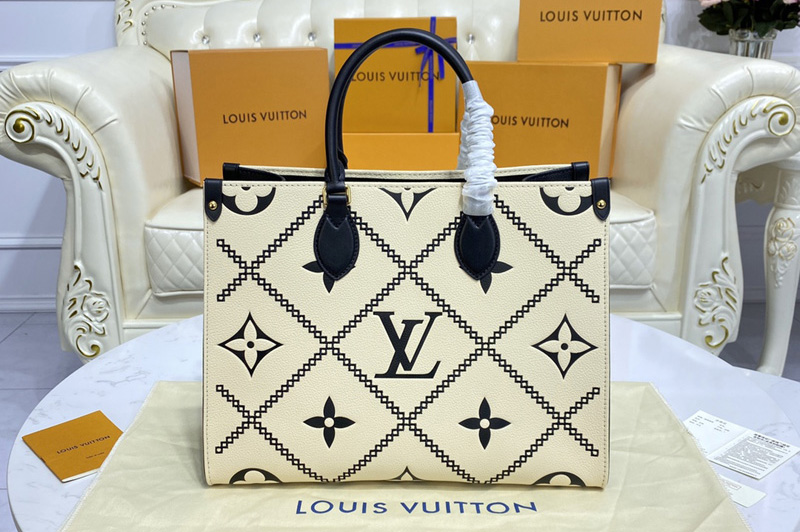 Louis Vuitton M46016 LV Onthego MM tote Bag in Beige/Black Monogram Empreinte leather
