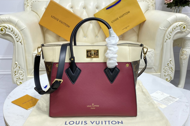 Louis Vuitton M56934 LV On My Side MM tote bag in Wine Calfskin and Monogram coated canvas