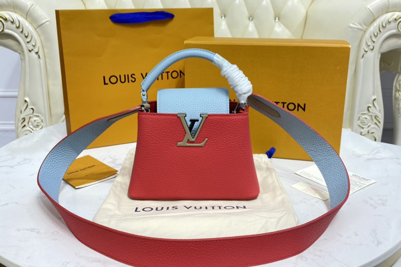 Louis Vuitton M57520 LV Capucines Mini handbag in Coral/Greige Beige/Olympe Blue Taurillon leather