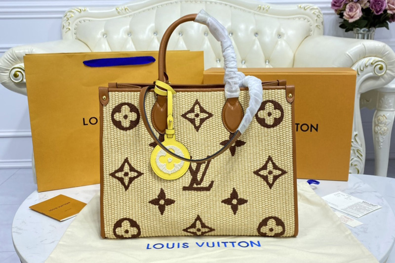 Louis Vuitton M57707 LV OnTheGo MM tote bag in Tan Monogram Raffia