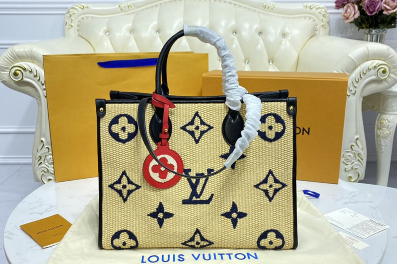 Louis Vuitton M57723 LV OnTheGo MM tote bag in Blue Monogram Raffia
