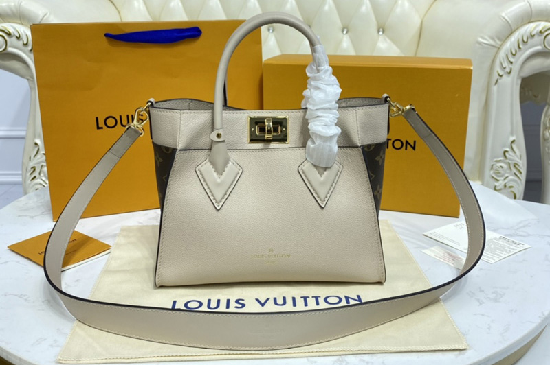 Louis Vuitton M57729 LV On My Side PM tote bag in Greige soft calf leather and Monogram canvas