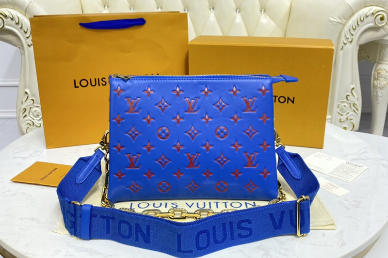 Louis Vuitton M58626 LV Coussin PM handbag in Blue/Red Monogram embossed puffy lambskin