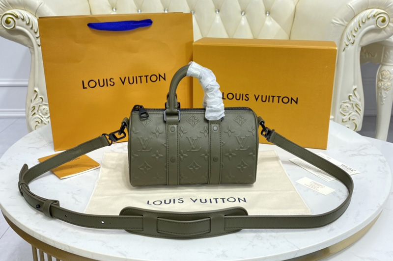 Louis Vuitton M57961 LV Keepall XS bag in Khaki Monogram Seal cowhide leather